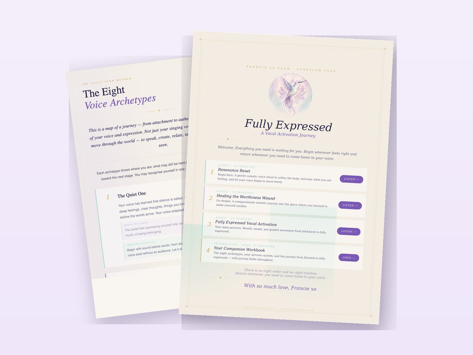 Two pages from the Fully Expressed companion guide: the journey index and the Eight Voice Archetypes