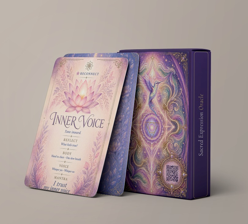 Sacred Expression Oracle deck with keepsake box, showing the Inner Voice card