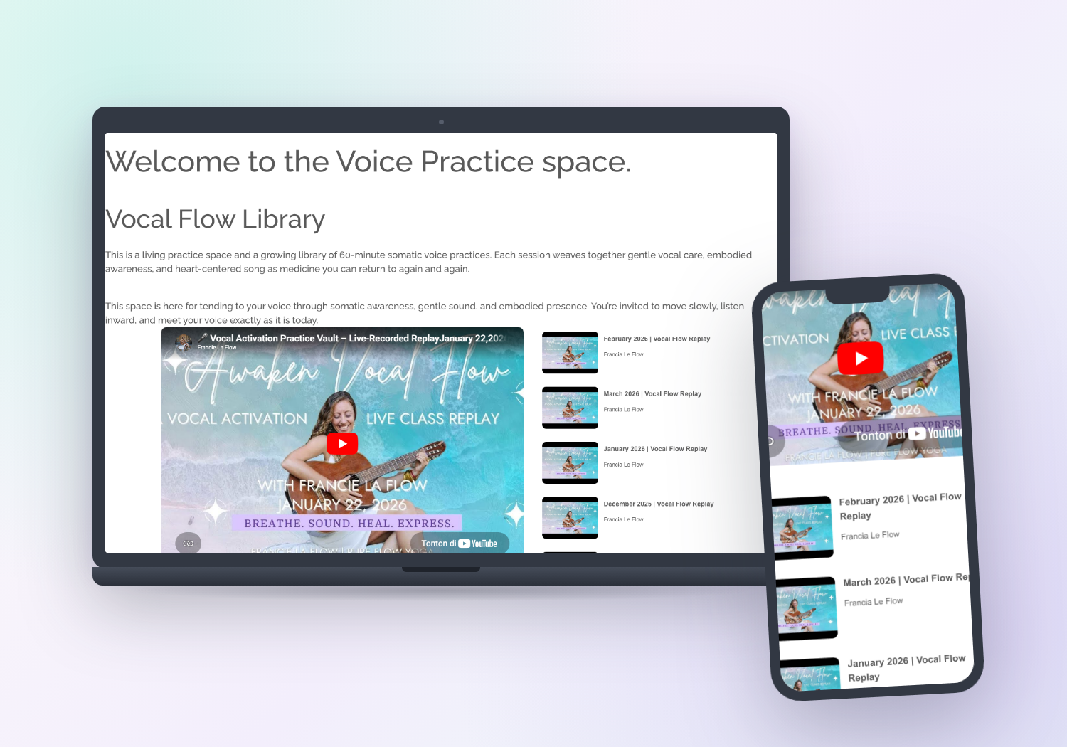 Vocal Flow Library shown on laptop and phone, the online video practice space members access