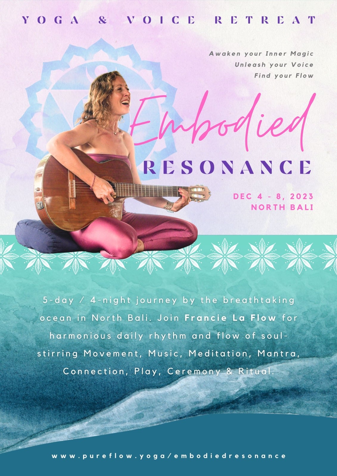 Poster for Embodied Resonance, a five day yoga and voice retreat in North Bali