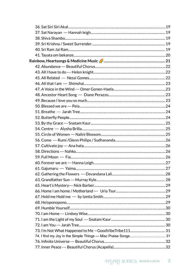 The contents pages of the HeartSongs Songbook listing the songs