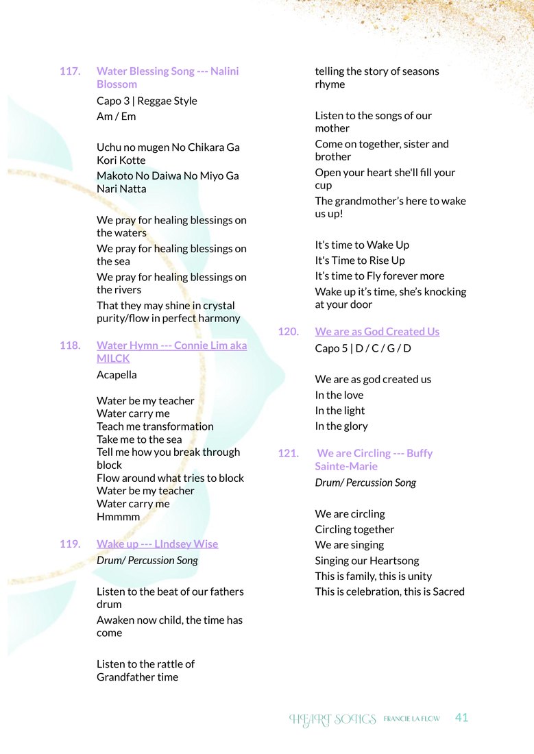 A page of the HeartSongs Songbook showing songs with chords and lyrics