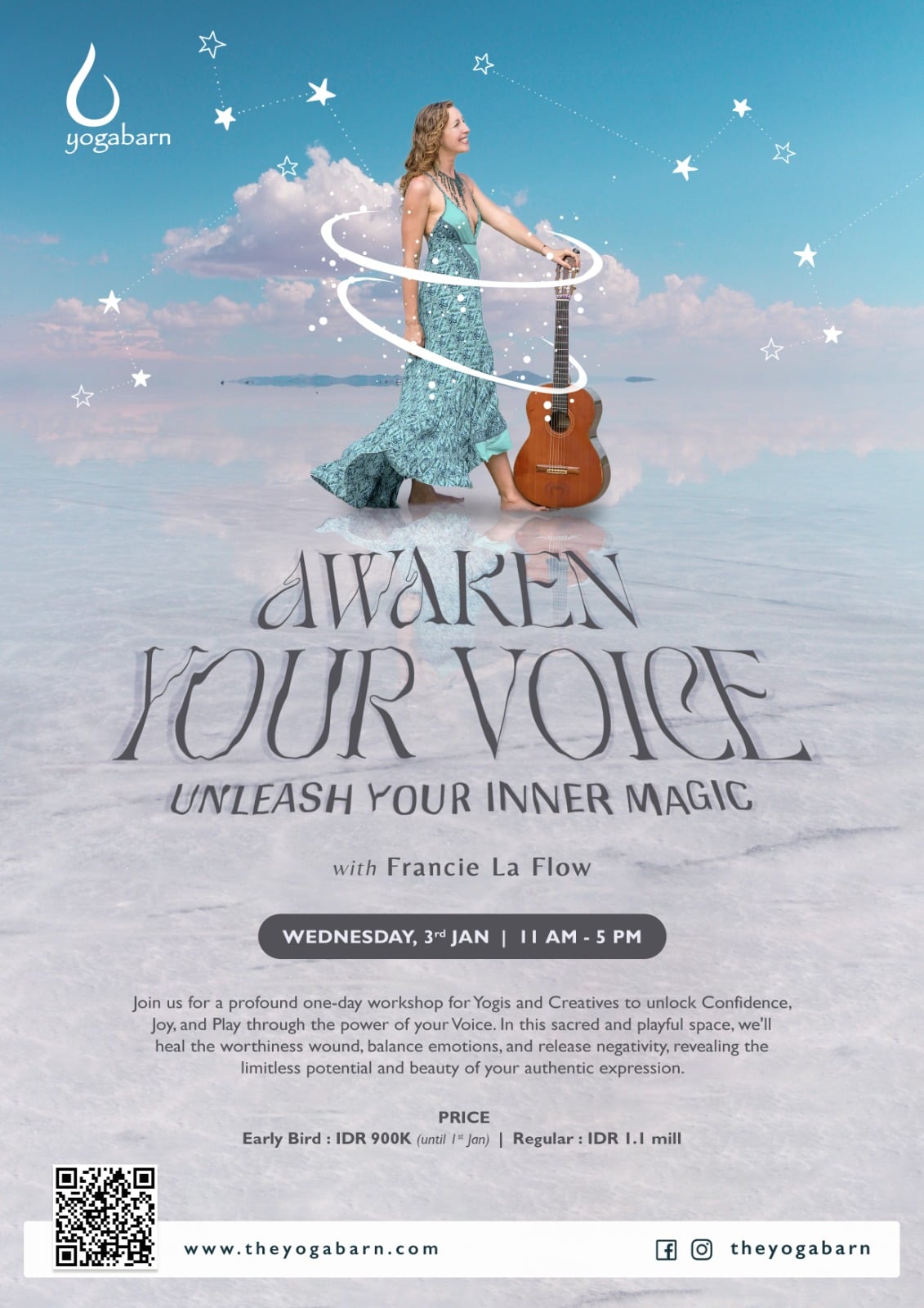 Yoga Barn poster for Awaken Your Voice, a one day workshop with Francie La Flow
