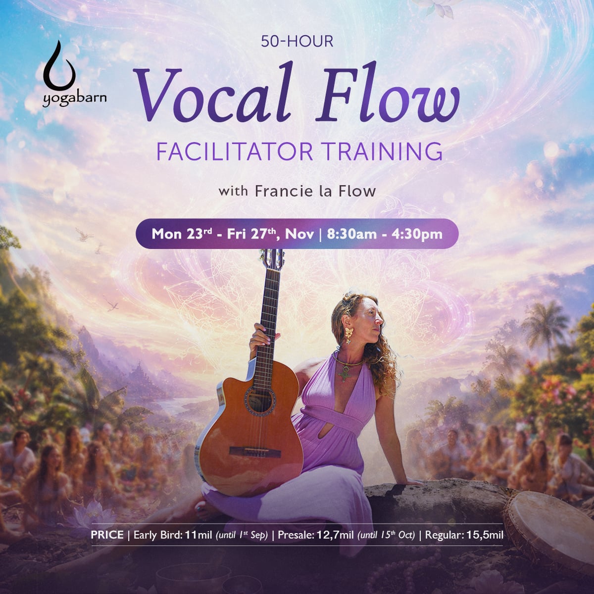 Yoga Barn poster for the 50 hour Vocal Flow Facilitator Training with Francie La Flow
